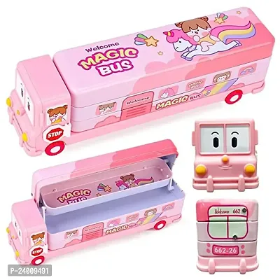 School Bus Pencil Box (Pink Color) Geometry Box with Sharpener Cartoon Printed Dual Compartment Space Bus AF