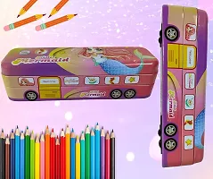 Bus Shape Pencil Box with Wheel Pull and Move Pencil Box (Hellow Mermaid Pink)-thumb3