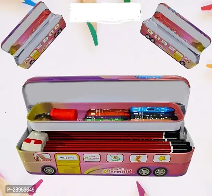 Bus Shape Pencil Box with Wheel Pull and Move Pencil Box (Hellow Mermaid Pink)-thumb5