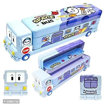 School Bus Pencil Box (Blue Color) Geometry Box with Sharpener Cartoon Printed Dual Compartment Space Bus-thumb0