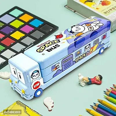 School Bus Pencil Box (Blue Color) Geometry Box with Sharpener Cartoon Printed Dual Compartment Space Bus AC-thumb3