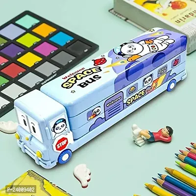 School Bus Pencil Box (Blue Color) Geometry Box with Sharpener Cartoon Printed Dual Compartment Space Bus AD-thumb4