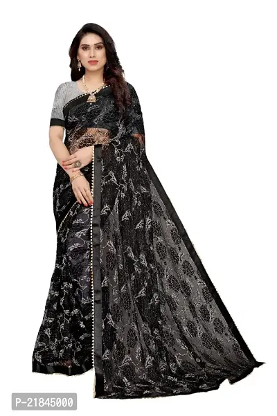 Women's Pure Lichi Silk Jacquard Pattu Designer Heavy Silk Saree With UnStiched Blouse (Black Floral)