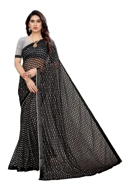Women's Pure Lichi Silk Jacquard Pattu Designer Heavy Silk Saree With UnStiched Blouse Black Patterned