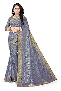 LEOSAGI Women Net Solid Traditional Bodered Saree (Grey, Free Size)-thumb2