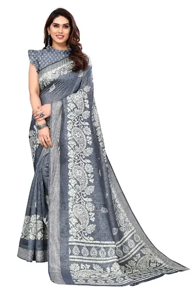 RISKWIN Women's Cotton Blend Printed Saree With Blouse Piece