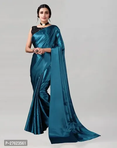 Beautiful Blue Satin Solid Saree For Women-thumb0