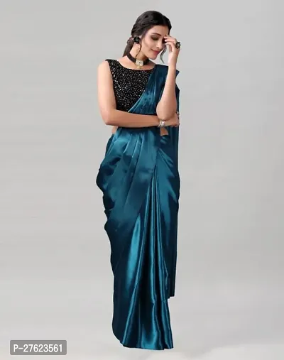 Beautiful Blue Satin Solid Saree For Women-thumb2