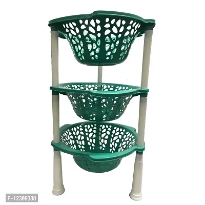 SKYLII Multipurpose Basket Stand Rack for Office Use, Home, Kitchen Rack Stand organizer 3 TIER Fruits/Vegetables Kitchen Rack 3 layer round sun design (Plastic, Green, Foldable)-thumb0