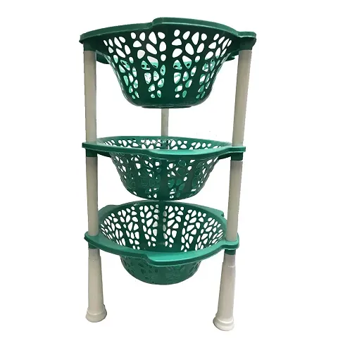 SKYLII Multipurpose Basket Stand Rack for Office Use, Home, Kitchen Rack Stand organizer 3 TIER Fruits/Vegetables Kitchen Rack 3 layer round sun design (Plastic, Green, Foldable)