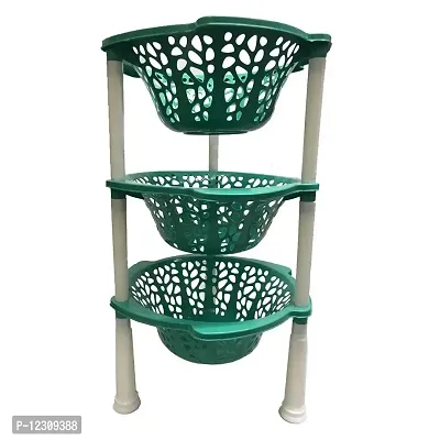 SKYLII Multipurpose Basket Stand Rack for Office Use, Home, Kitchen Rack Stand organizer 3 TIER Fruits/Vegetables Kitchen Rack 3 layer round sun design (Plastic, Green, Foldable)-thumb5