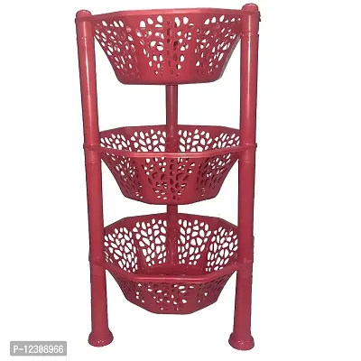 Multipurpose Basket Stand Rack 3 Layer Multipurpose for office & kitchen Basket Stand Rack pink Fruits Vegetables Stationary (Plastic Diagonal star Kitchen Stand 3 Tier Rack Foldable) (Red)