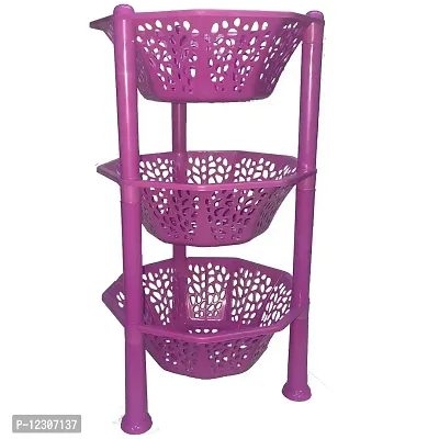 Multipurpose Basket Stand Rack 3 Layer Multipurpose for office & kitchen Basket Stand Rack pink Fruits Vegetables Stationary (Plastic Diagonal star Kitchen Stand 3 Tier Rack Foldable) (Pink)-thumb0