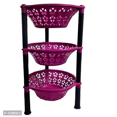 SKYLII Rack Virgin Plastic 3 Steps Kitchen Rack Basket for Office Use, Fruits Onion, Potato, Vegetables and Sabaji Basket Tray for Household (Round Kitchen Stand 3 Tier Rack) (Pink)