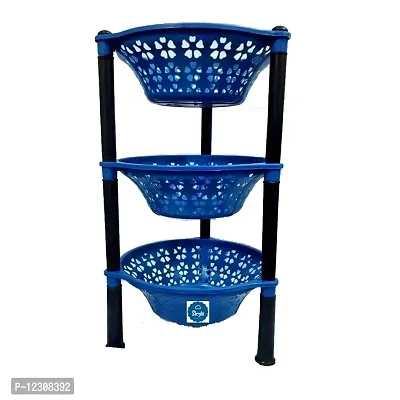 SKYLII Rack Virgin Plastic 3 Steps Kitchen Rack Basket for Office Use, Fruits Onion, Potato, Vegetables and Sabaji Basket Tray for Household (Round Kitchen Stand 3 Tier Rack) (blue)-thumb0