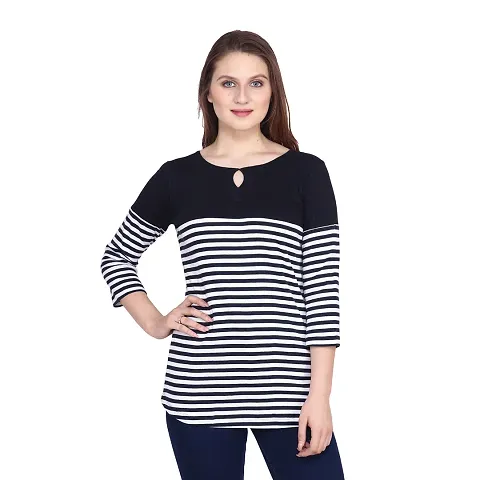 Stripted 3/4 Sleeve Round Neck With Keyhole Trendy Women's T-Shirt