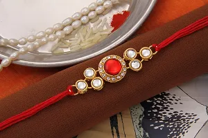 Splendid Gold Plated Pearl Rakhi Combo Set of 2 with 1 Roli Chawal Tikka Pack-thumb2