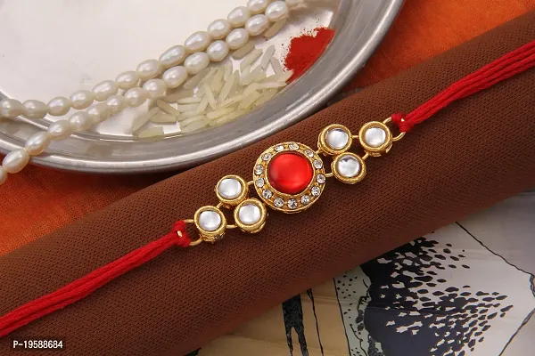 Splendid Gold Plated Pearl Rakhi Combo Set of 2 with 1 Roli Chawal Tikka Pack-thumb3