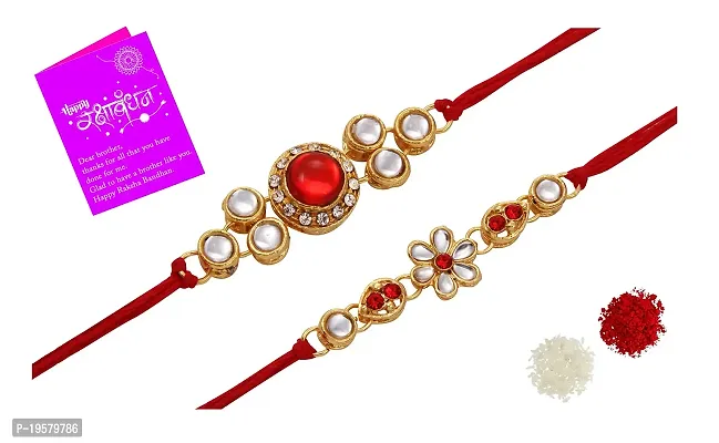 Royal Gold Plated Traditional Rakhi Set of 2 with 1 Roli Chawal Tikka Pack-thumb0