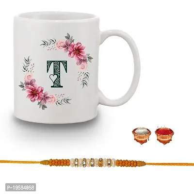 Rakhi Gift Combo for Brother Floral T Alphabet Printed Coffee Mug 350ML Roli Tikka Pack Rakhi Gift for Brother Sister