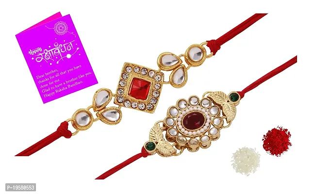 Bandhan Elegant Gold Plated Designer Floral Rakhi Combo (Set of 2) with Roli Chawal and Raksha Bandhan-thumb0