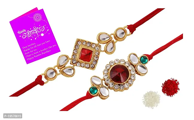 Bandhan Bracelet Designer Rakhi for Men Splendid Gold Plated Rakhi Combo Set of 2 with Roli Chawal and Raksha Bandhan