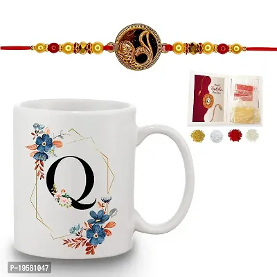 Fancy Rakhi Combo Q Alphabet Word Text Printed Coffee Mug Roli Tikka Pack Gift Rakhi Combo for Brother-thumb0