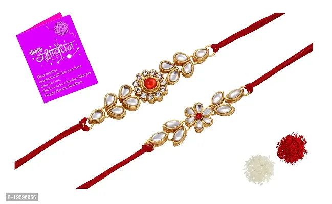 Attractive Gold Plated Kundan Rakhi Combo of 2 with 1 Roli Chawal Tikka Pack