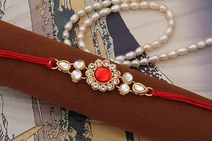 Splendid Gold Plated Pearl Rakhi Combo Set of 2 with 1 Roli Chawal Tikka Pack-thumb1