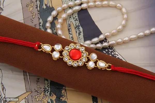 Splendid Gold Plated Pearl Rakhi Combo Set of 2 with 1 Roli Chawal Tikka Pack-thumb2