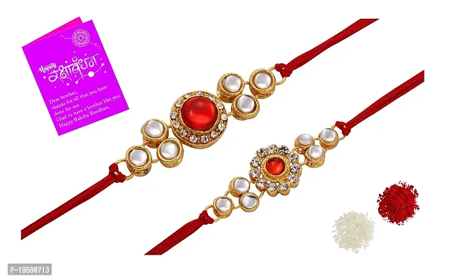 BANDHAN Fabulous Gold Plated Kundan Rakhi Combo Set of 2 with 1 Roli Chawal Tikka Pack