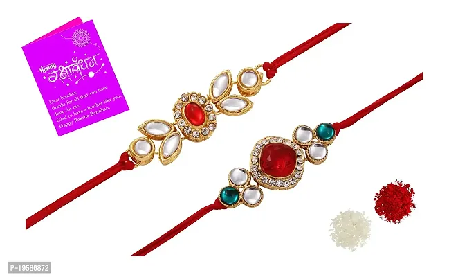 Stylish Designer Bracelet Gold Plated Kundan Rakhi Combo Set of 2 with 1 Roli Chawal Tikka Pack-thumb0