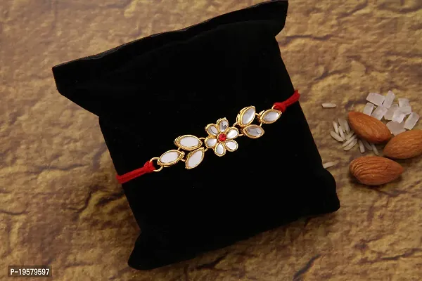 Fancy Stylish Classy Gold Plated Kundan Rakhi Combo Set of 2 with 1 Roli Chawal Tikka Pack-thumb3