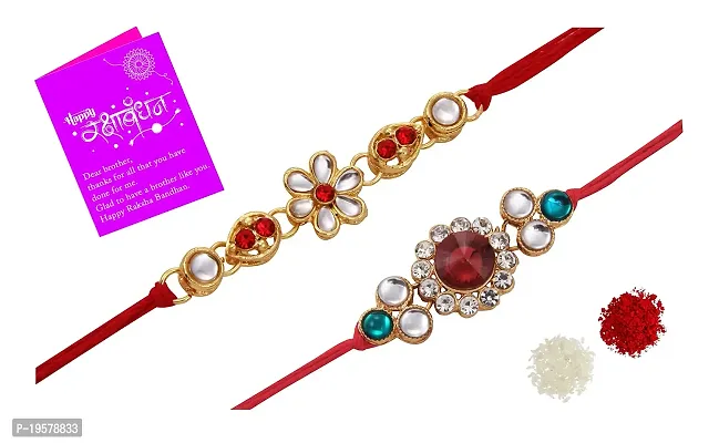 Stylish Designer Bracelet Classy Gold Plated Rakhi Kundan Rakhi Set of 2 with 1 Roli Chawal Tikka Pack