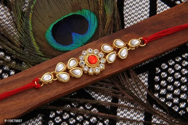 Adorable Gold Plated Kundan Rakhi Combo Set of 2 with 1 Roli Chawal Tikka Pack-thumb3