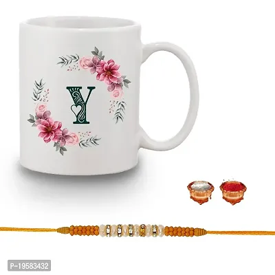 Rakhi Gift for Brother Floral Y Alphabet Printed Coffee Mug 350ML Roli Tikka Pack Rakhi Gift for Brother and Bhabhi-thumb0