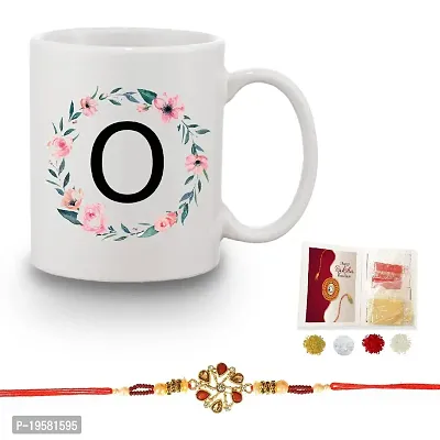 BANDHAN Designer Rakhi Colorful Floral O Alphabet Printed Coffee Mug 350 ML Roli Tikka Pack Rakhi for Brother with Gift Combo Set