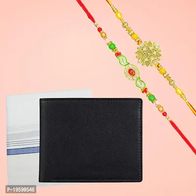 Bandhan Rakhi Gift Hamper for Brother - Classic Black Men's Wallet, White Hanky and Rakhi Combo Gift Set for Brother