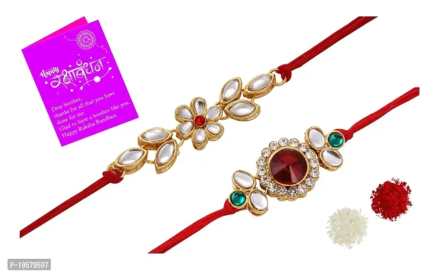 Fancy Stylish Classy Gold Plated Kundan Rakhi Combo Set of 2 with 1 Roli Chawal Tikka Pack-thumb0