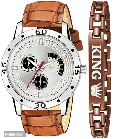 Trendy Stylish Brown Synthetic Leather Analog Watch with Bracelet For Men-thumb0