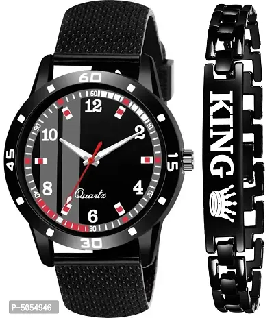 Trendy Stylish Black Synthetic Leather Analog Watch with Bracelet For Men-thumb0