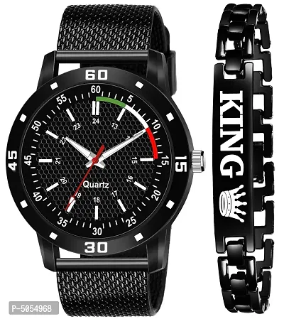 Trendy Stylish Black Synthetic Leather Analog Watch with Bracelet For Men-thumb0