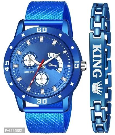 Trendy Stylish Blue Synthetic Leather Analog Watch with Bracelet For Men-thumb0