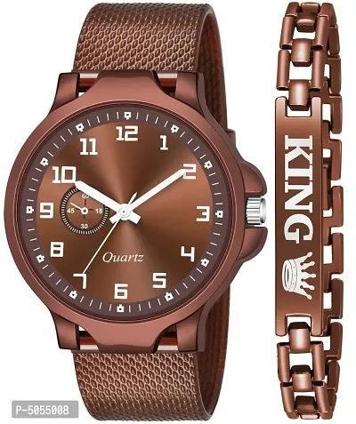 Trendy Stylish Brown Synthetic Leather Analog Watch with Bracelet For Men