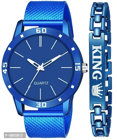 Trendy Stylish Blue Synthetic Leather Analog Watch with Bracelet For Men