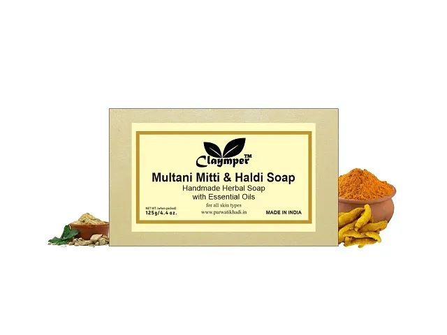 Claymper,s Handmade Multani Mitti  Haldi Soap, 125 Grams (Pack of 5) | Natural Herbal Handmade Soap with Essential Oils | For All Skin Types | (Multani Mitti Haldi)