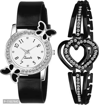 Stylish Black PU Analog Watches With Bracelet Combo For Women