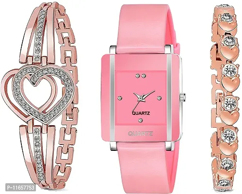 Stylish Pink PU Analog Watches With Bracelet Combo For Women