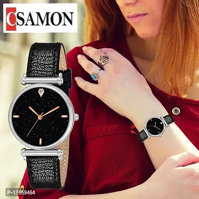 Stylish Black Synthetic Leather Analog Watches For Women
