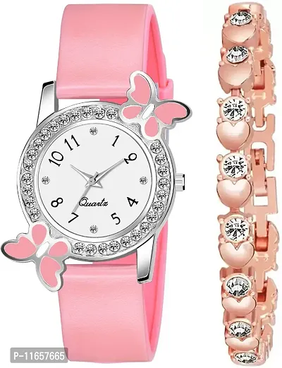 Stylish Pink PU Analog Watches With Bracelet Combo For Women-thumb0